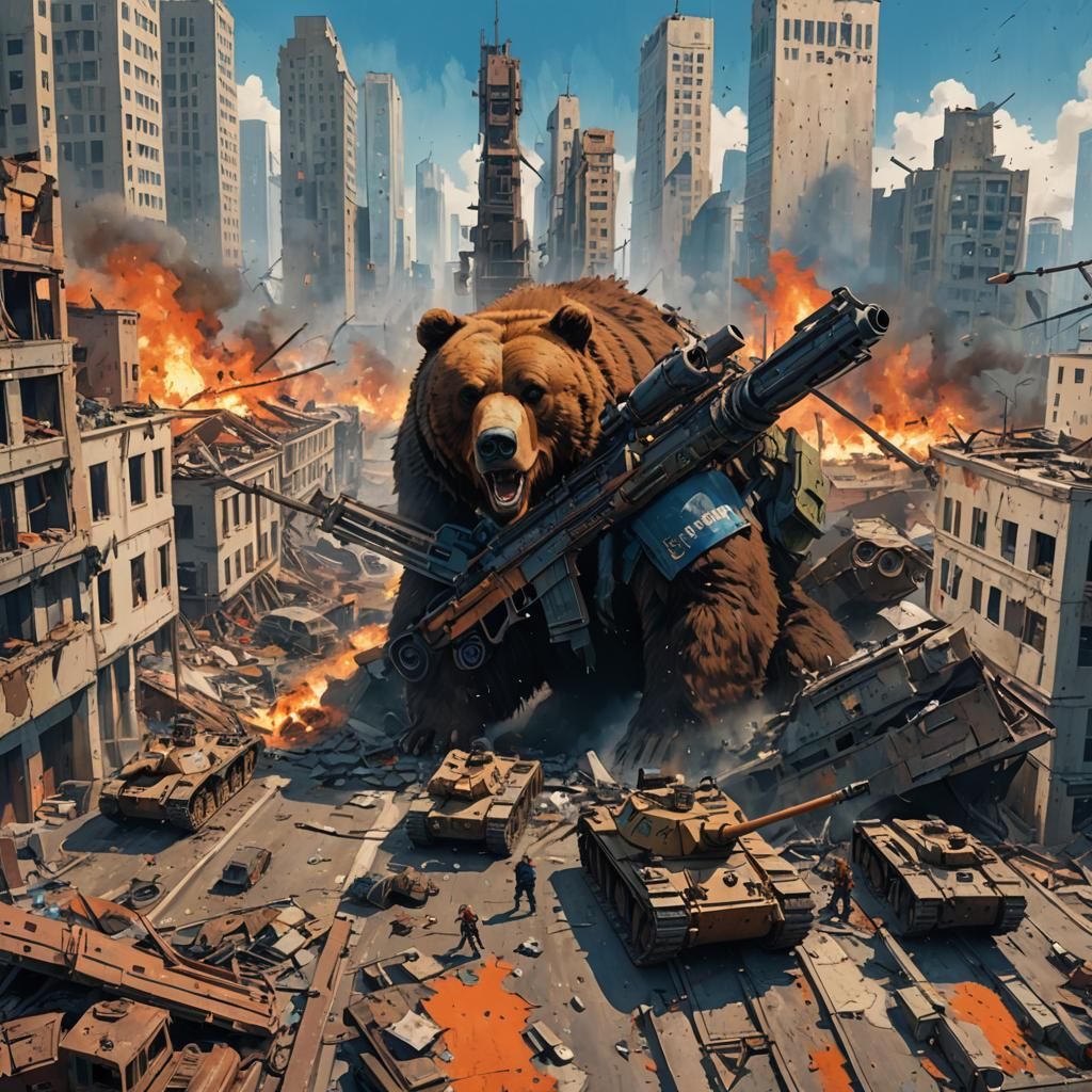 Grizzly Bear Soldier in War-Torn City