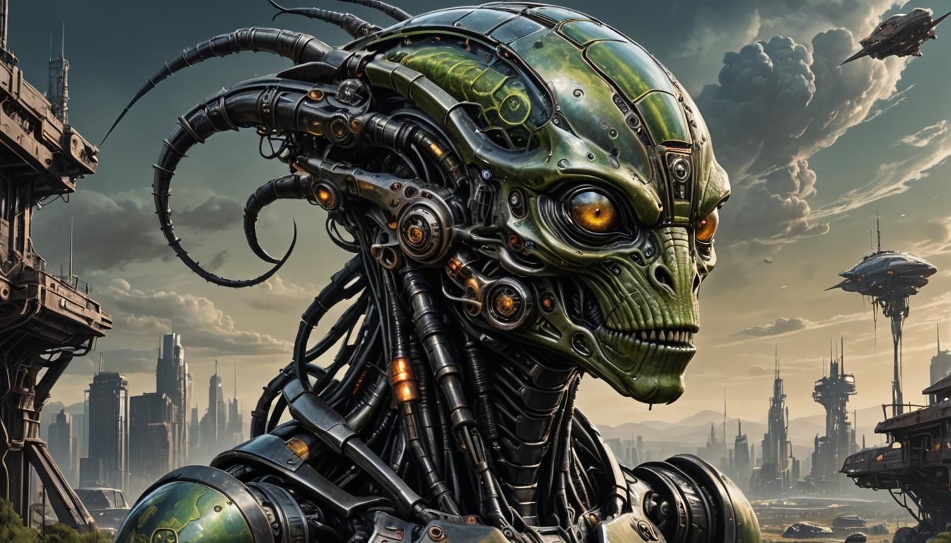 Cybernetic Alien Reptile in Dystopian Dieselpunk Landscape