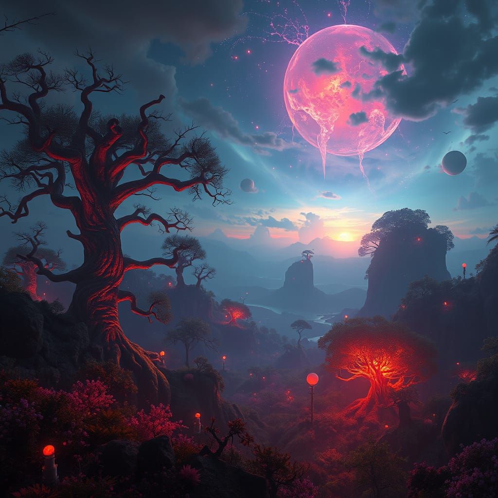 Ethereal Landscape of Ancient, Glowing Trees in a Lush, Othe...