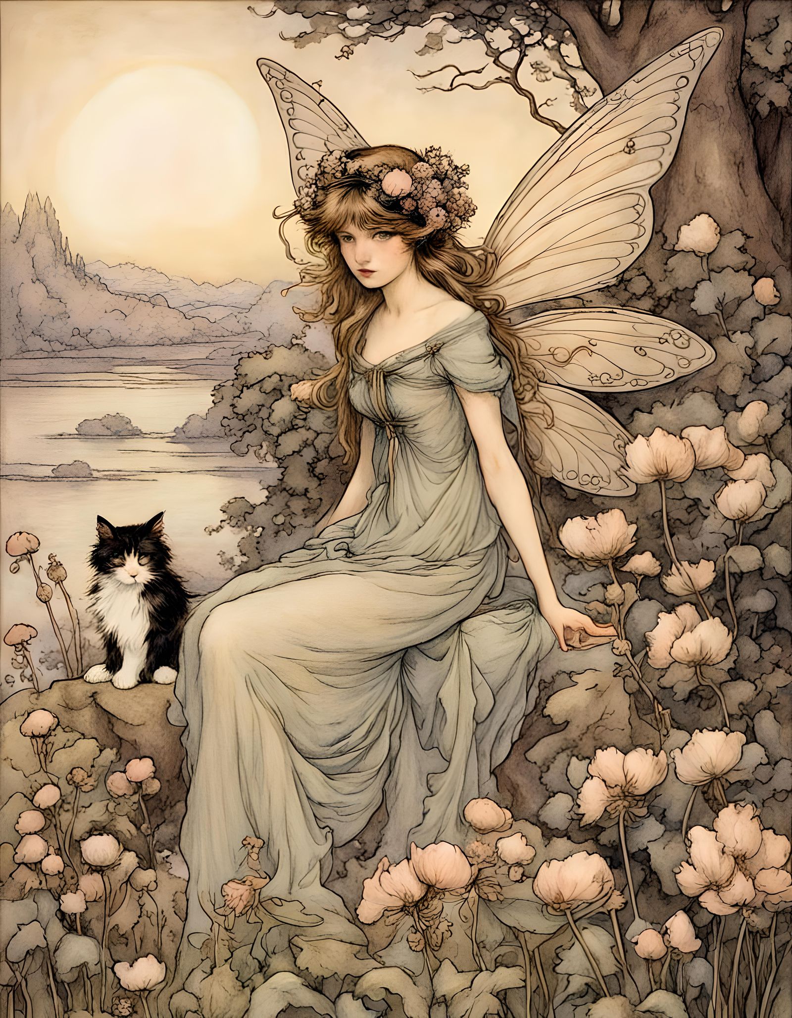 Beautiful fairy with perfect wings, cat, fantasy background