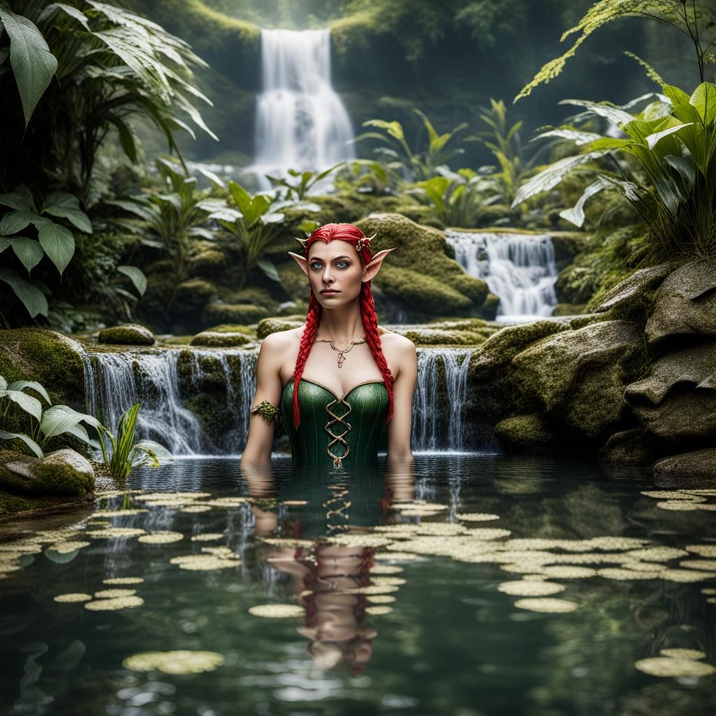 Elf Bathes in Pond by Waterfall