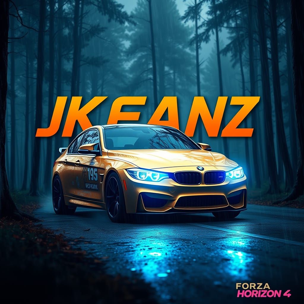 JKEANZ Logo with Gold BMW M3 in Rainy Forest