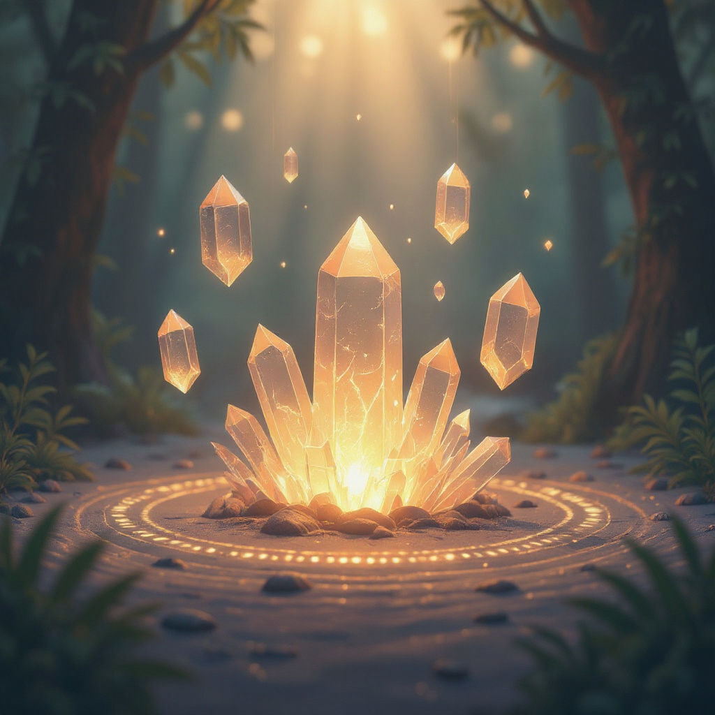 Crystals Levitating in Sacred Circle with Soft Light