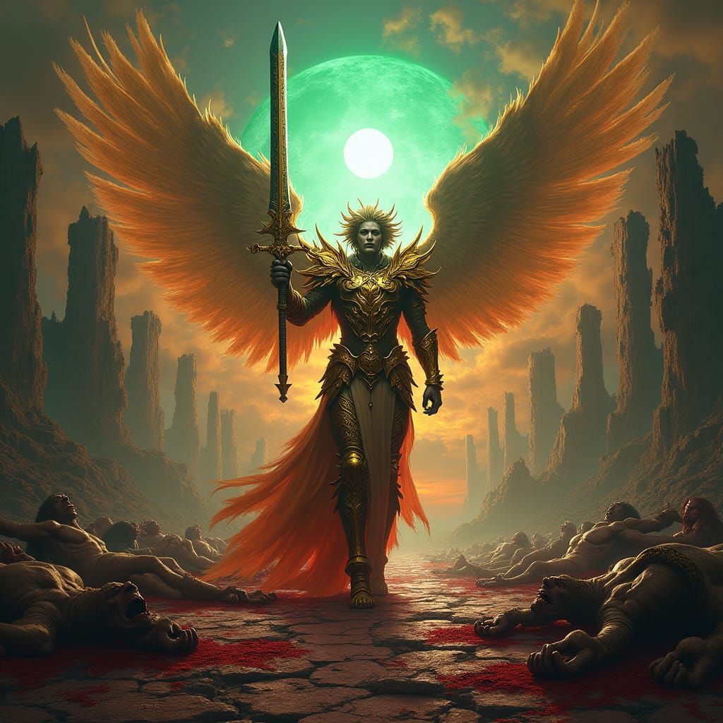Victorious Archangel in Ravaged Landscape
