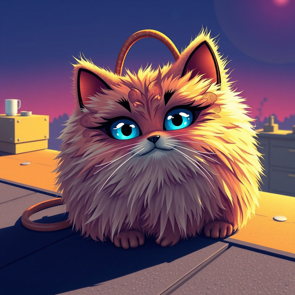 Cartoon Cat Handbag with Blue Eyes on Rooftop