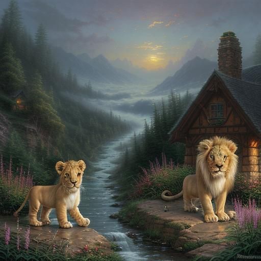 Ethereal Lion Cubs in a Fantasy Landscape