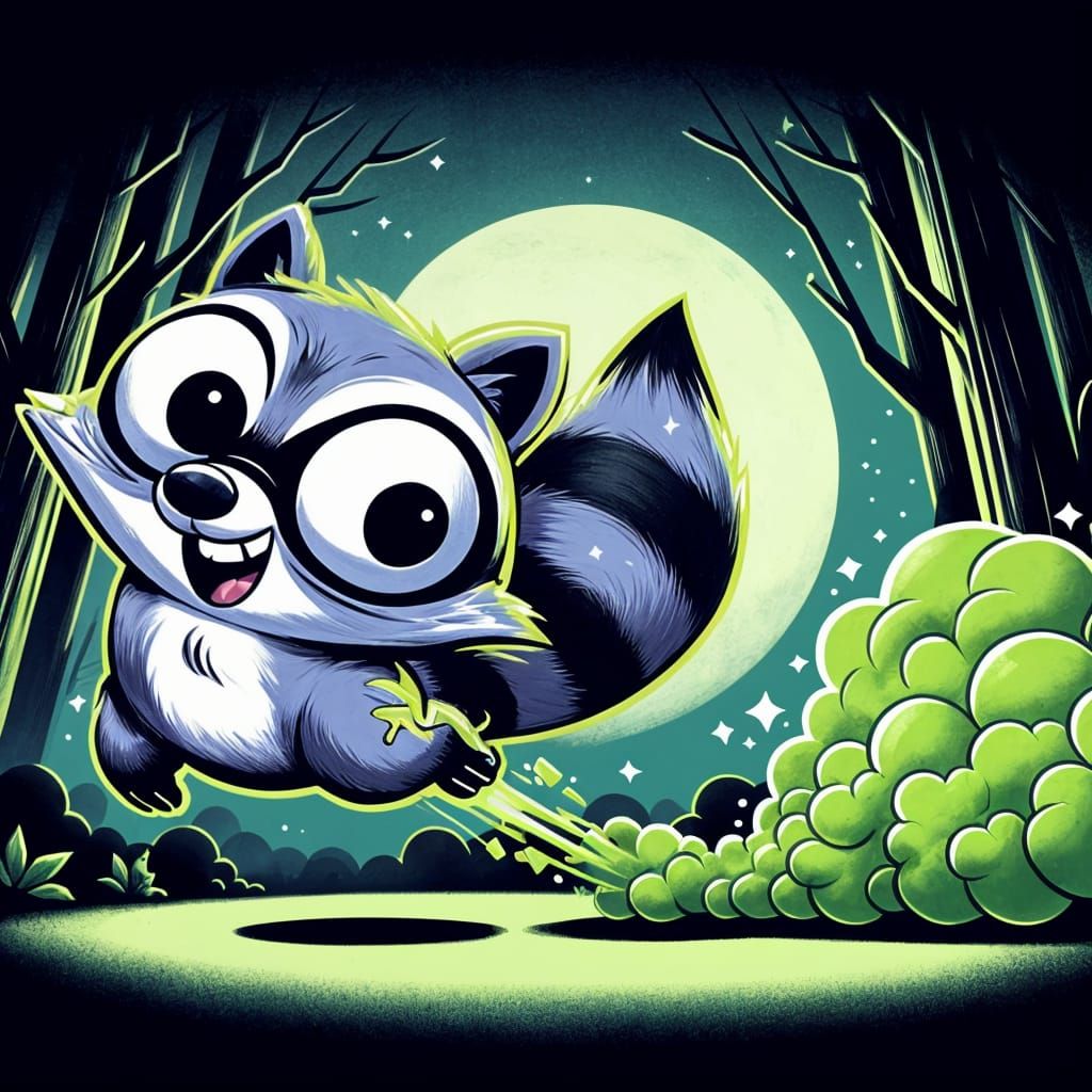 Cartoon Raccoon's Mischievous Jump in Moonlit Forest