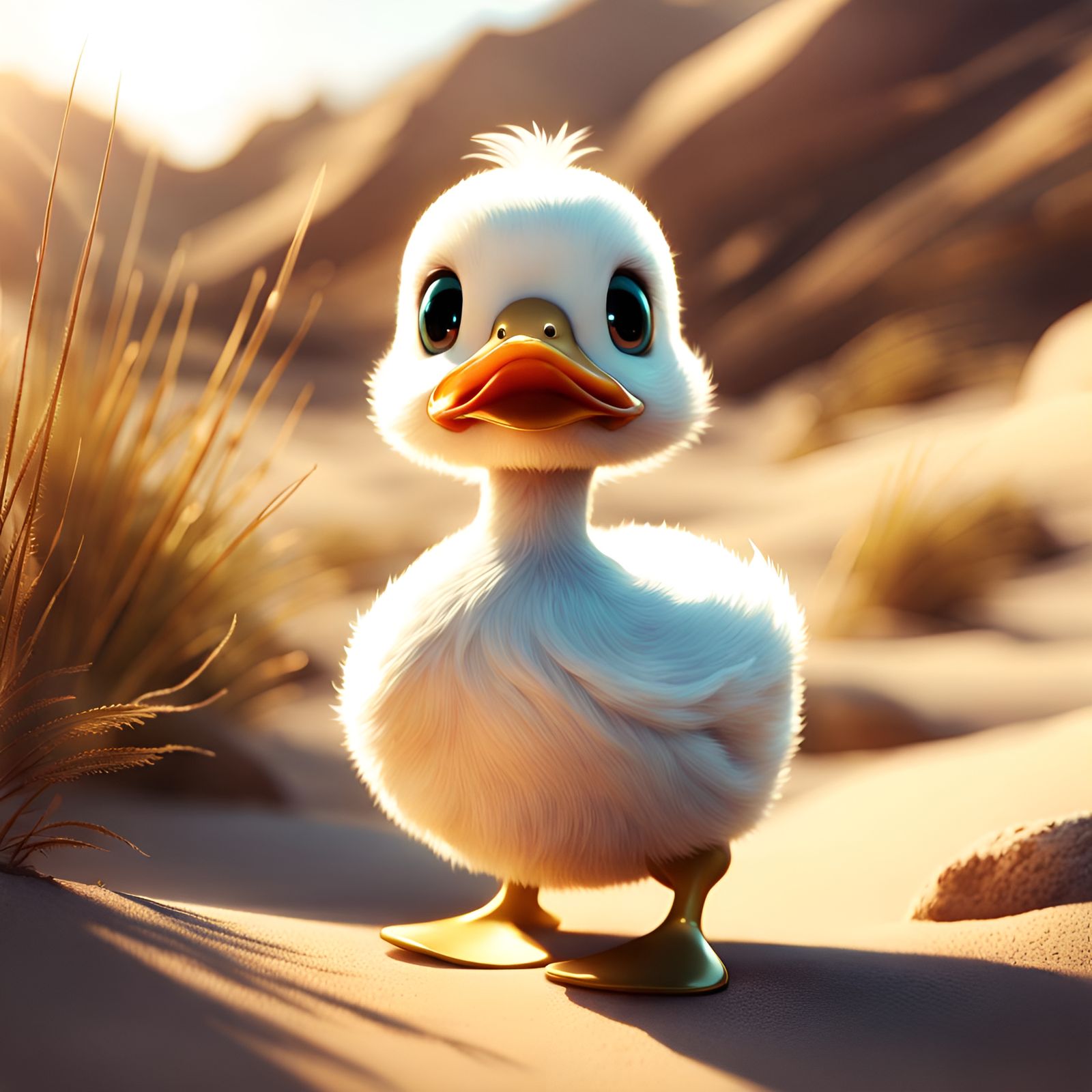 Adorable Chibi Duck in Sunny Desert, 3D Render