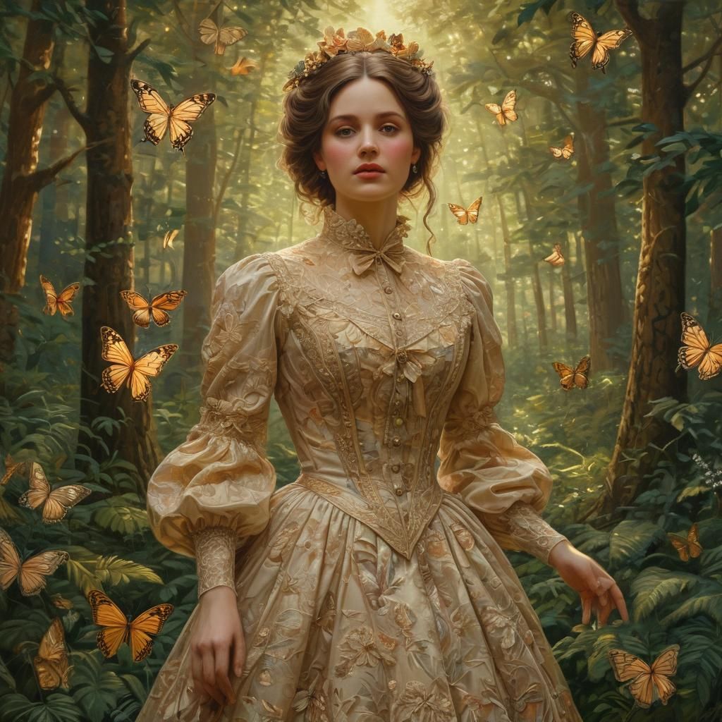 Woman in Victorian Dress in Lush Forest