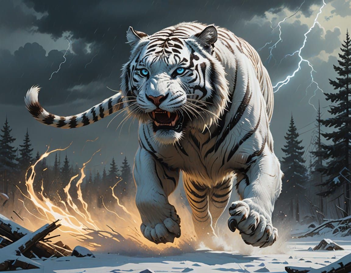 Majestic White Tiger in Mid-Air Pounce, Cyberpunk Style