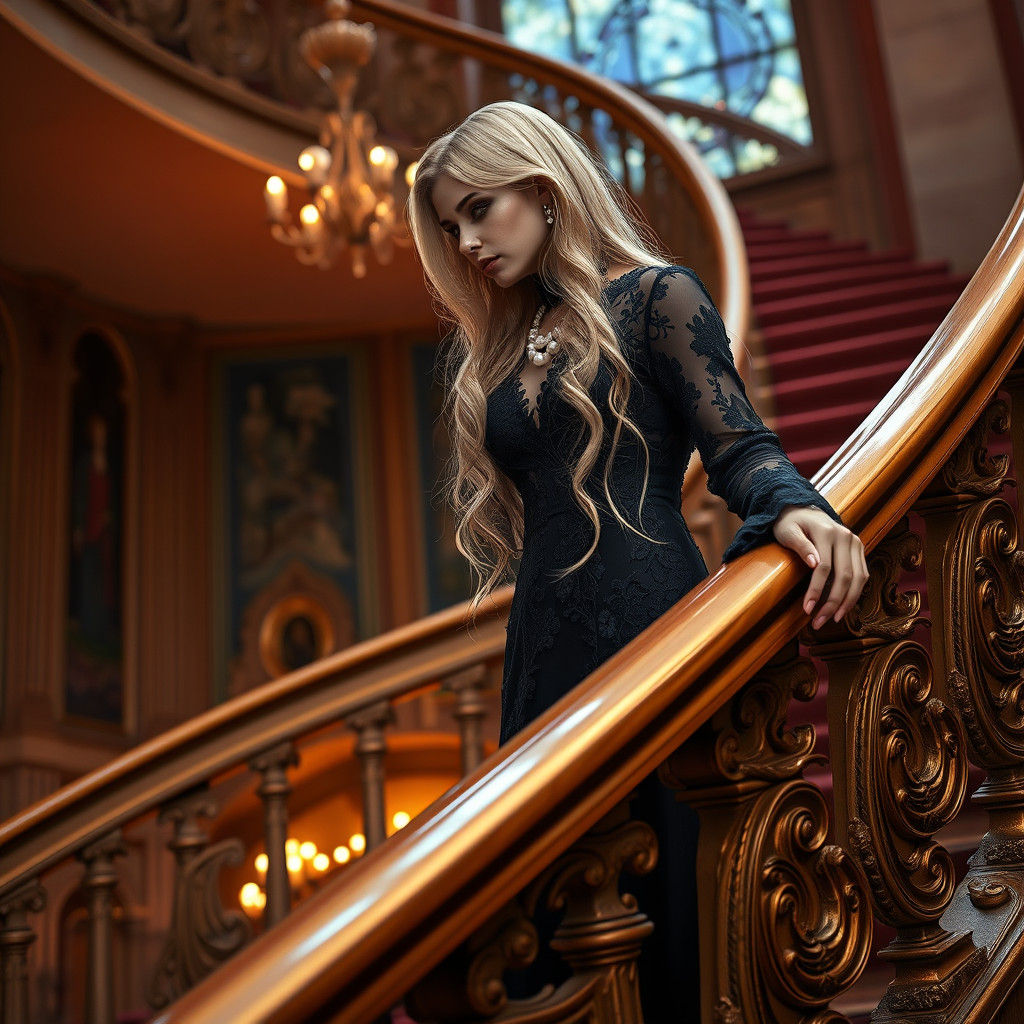 Blond Woman in Lace Gown on Grand Staircase