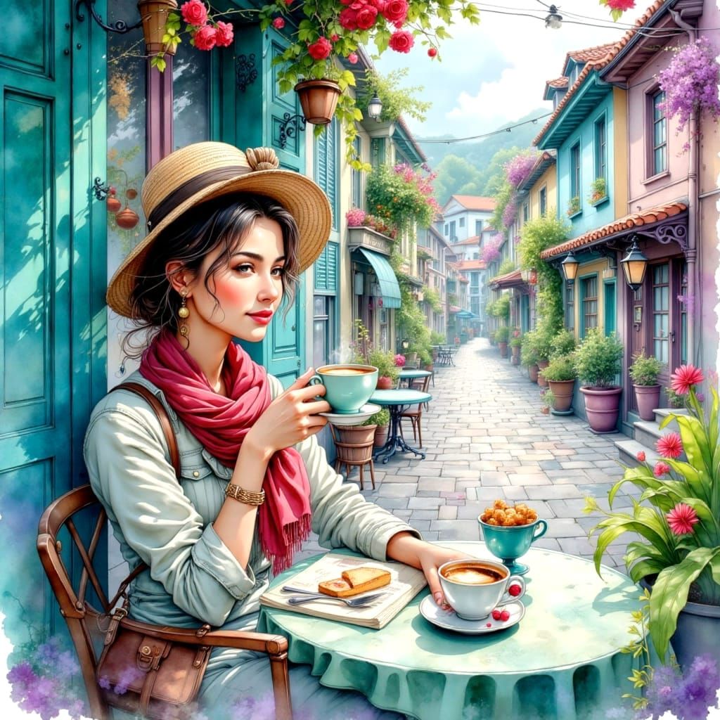 Woman Enjoying Coffee in Watercolor Street Scene