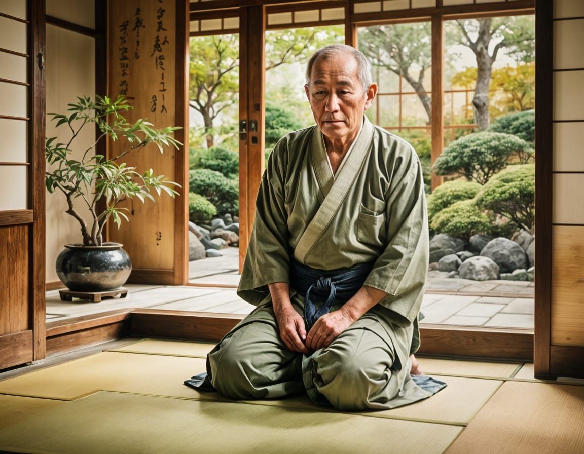 Serene Sensei Portrait in Japanese Watercolor Style