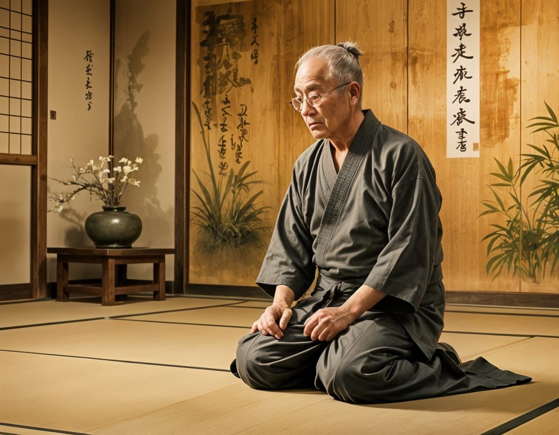 Sensei in Dojo with Japanese Garden View