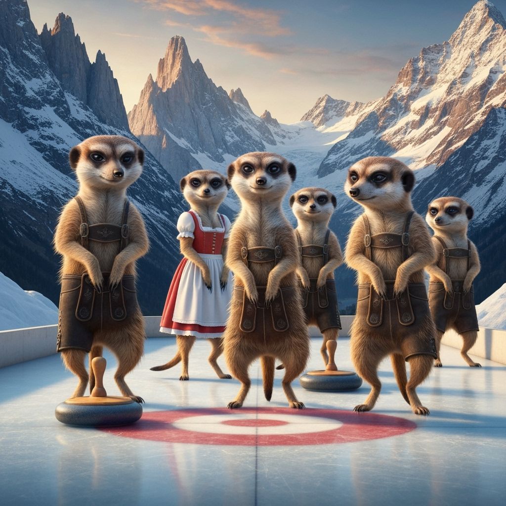 Sophisticated Meerkats Curling in Snowy Swiss Alps