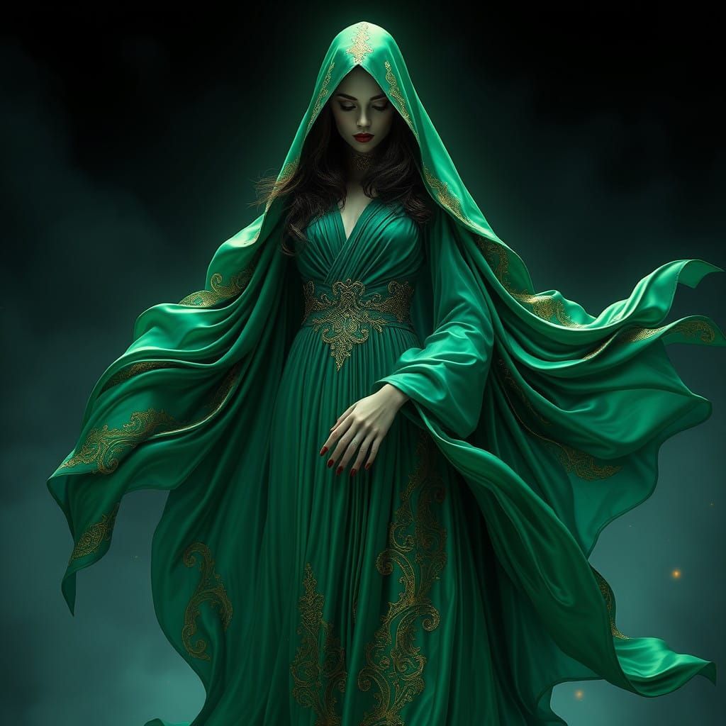 Emerald Goddess of Mystery and Power in Futuristic Silk Robe...