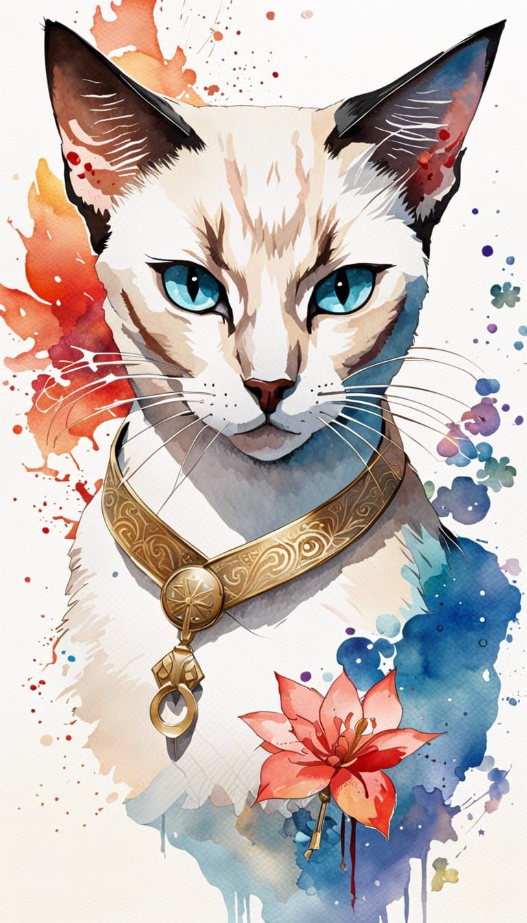 Siamese Cat Watercolor Portrait in Anime Style