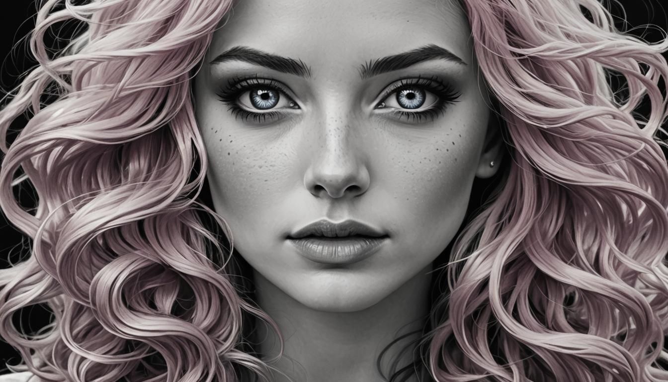 Detailed Black and White Portrait of Pink Haired Woman