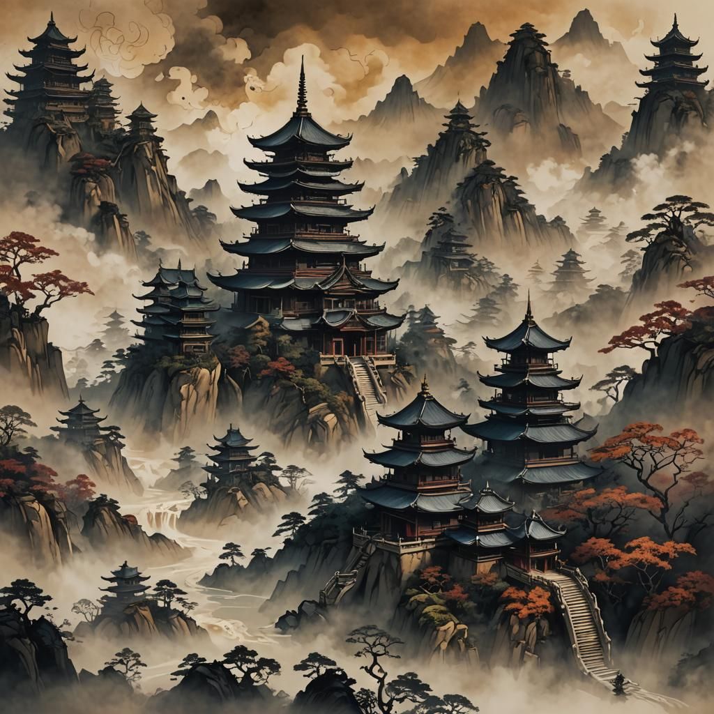 Mysthic Pagoda :: Pagoda Shadow ::  Fantasy Landscape :: Med...