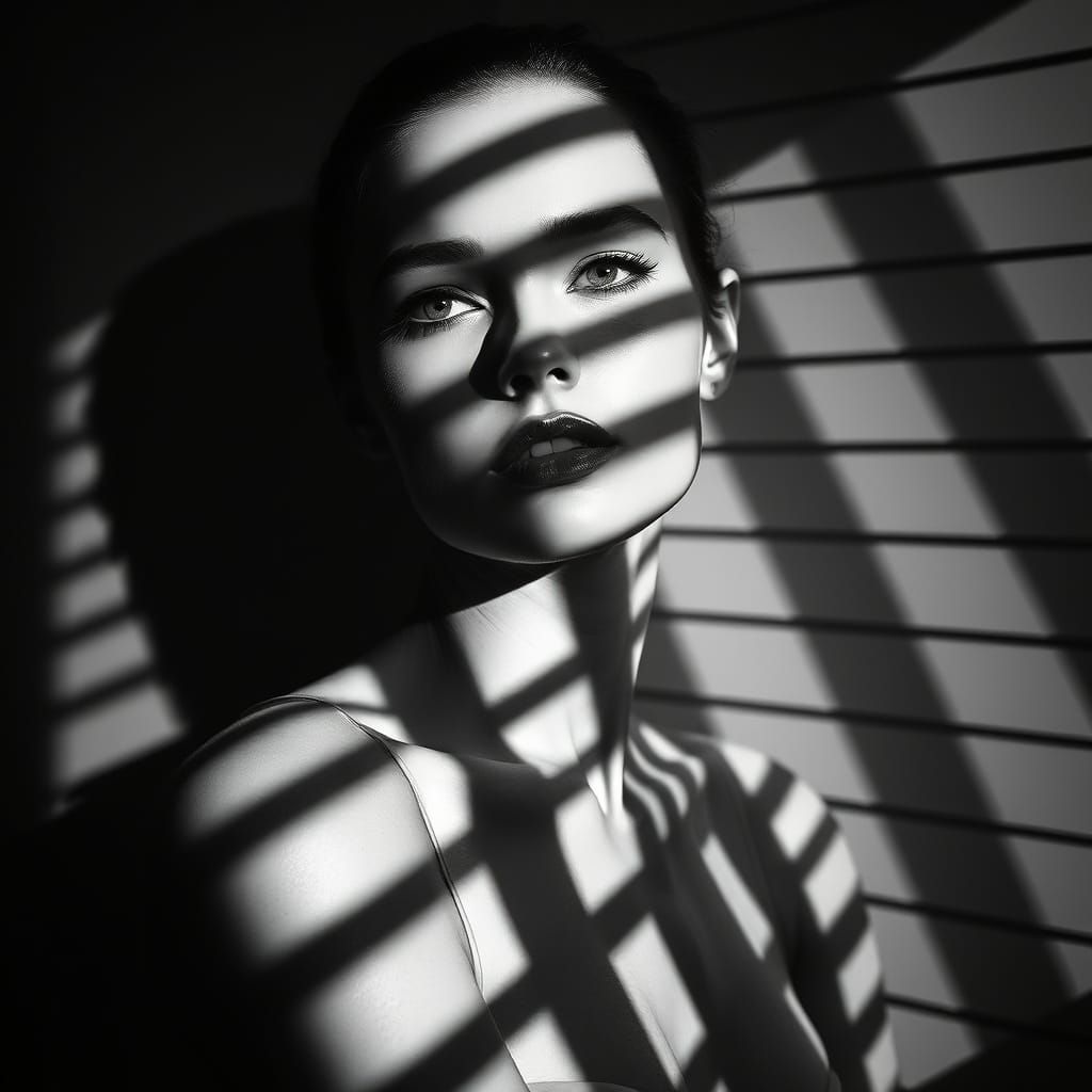 Surreal Black and White Portrait with Geometric Light Patter...