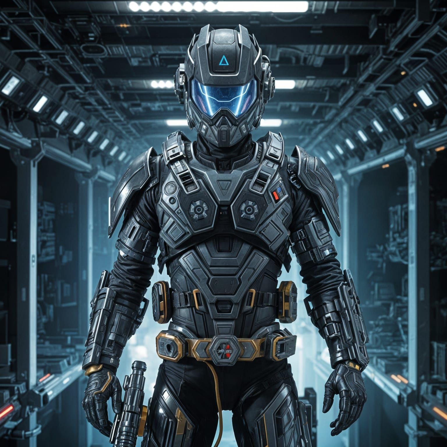 Futuristic Soldier in Flight with Jetpack and Laser Gun