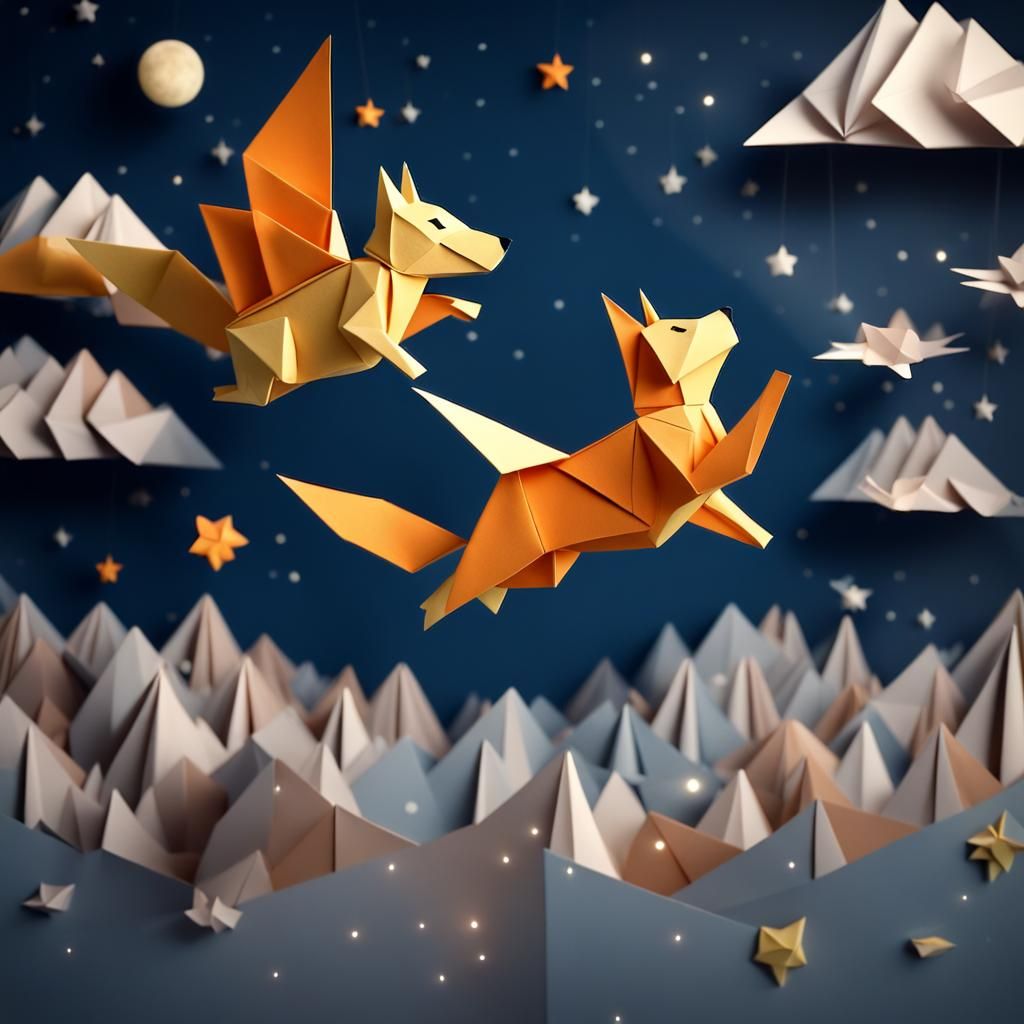 Dog and Cat Fly in Origami Night Sky