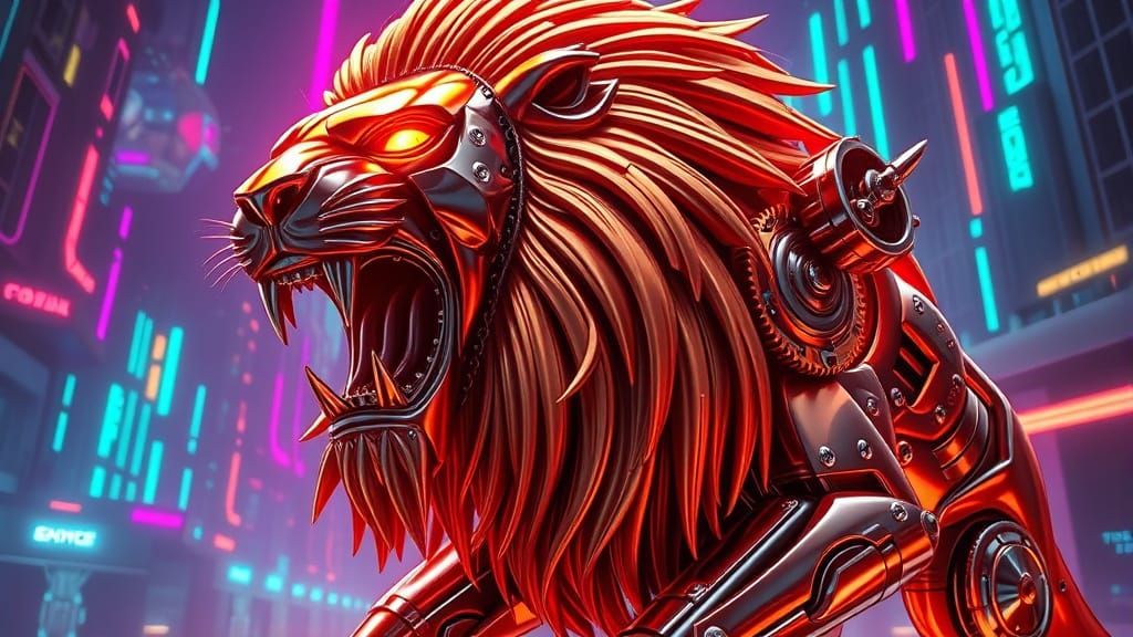 Chrome Lion Roaring in Futuristic Cityscape