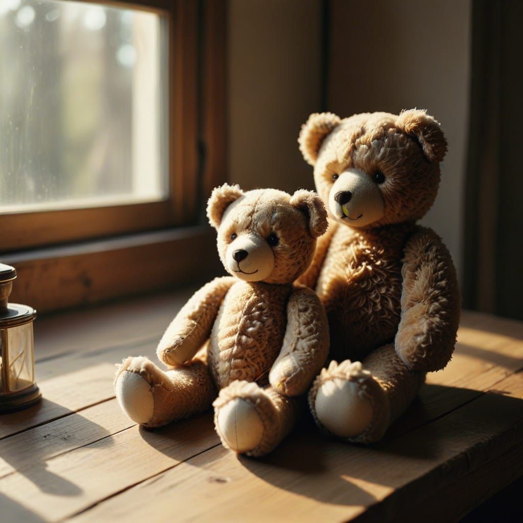 Vintage Teddy Bear and Antique Doll in Warm Golden Light