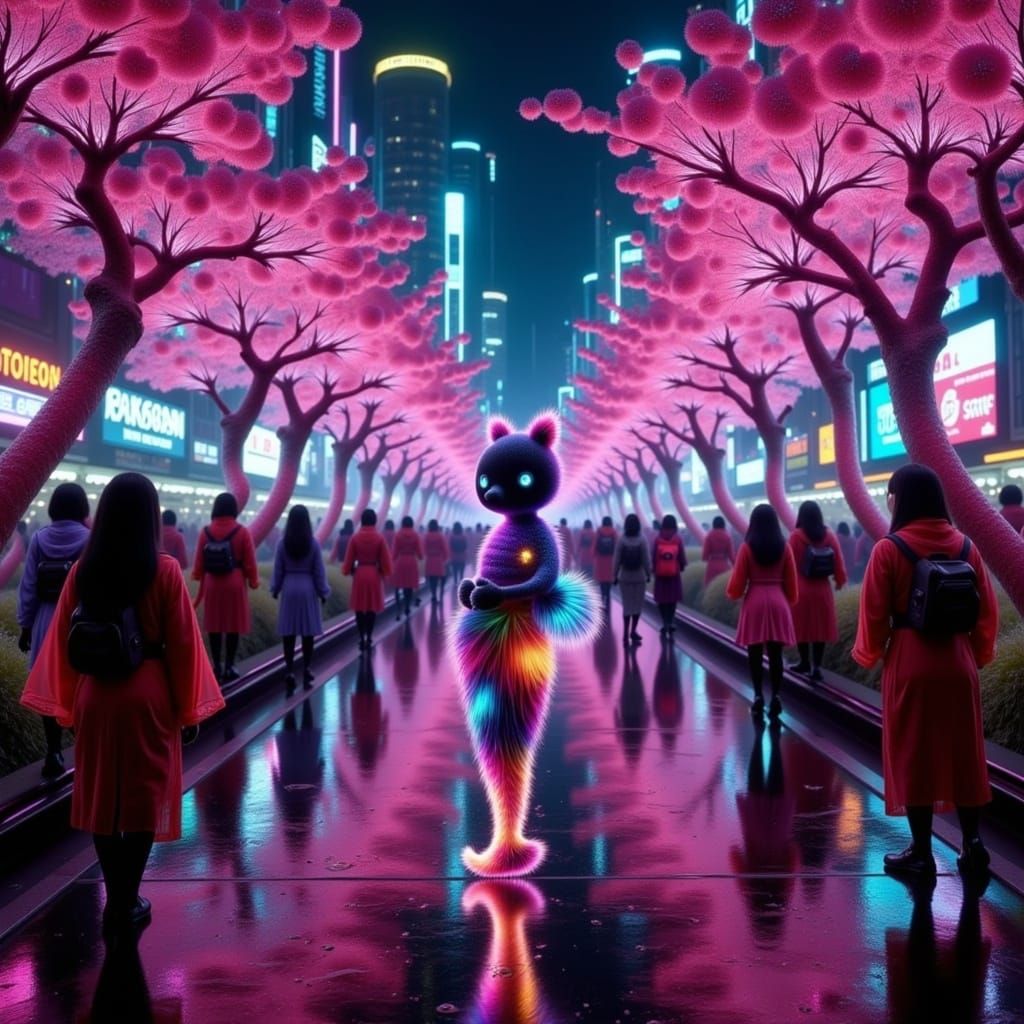 Cyberpunk Anime Festival with Glowing Kimonos and Koi