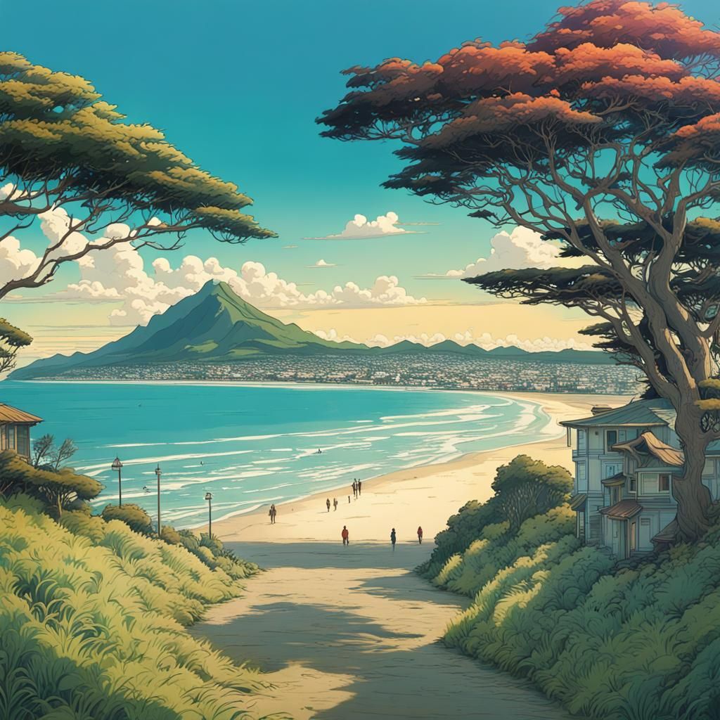 Mount Maunganui in Colorful Anime Style