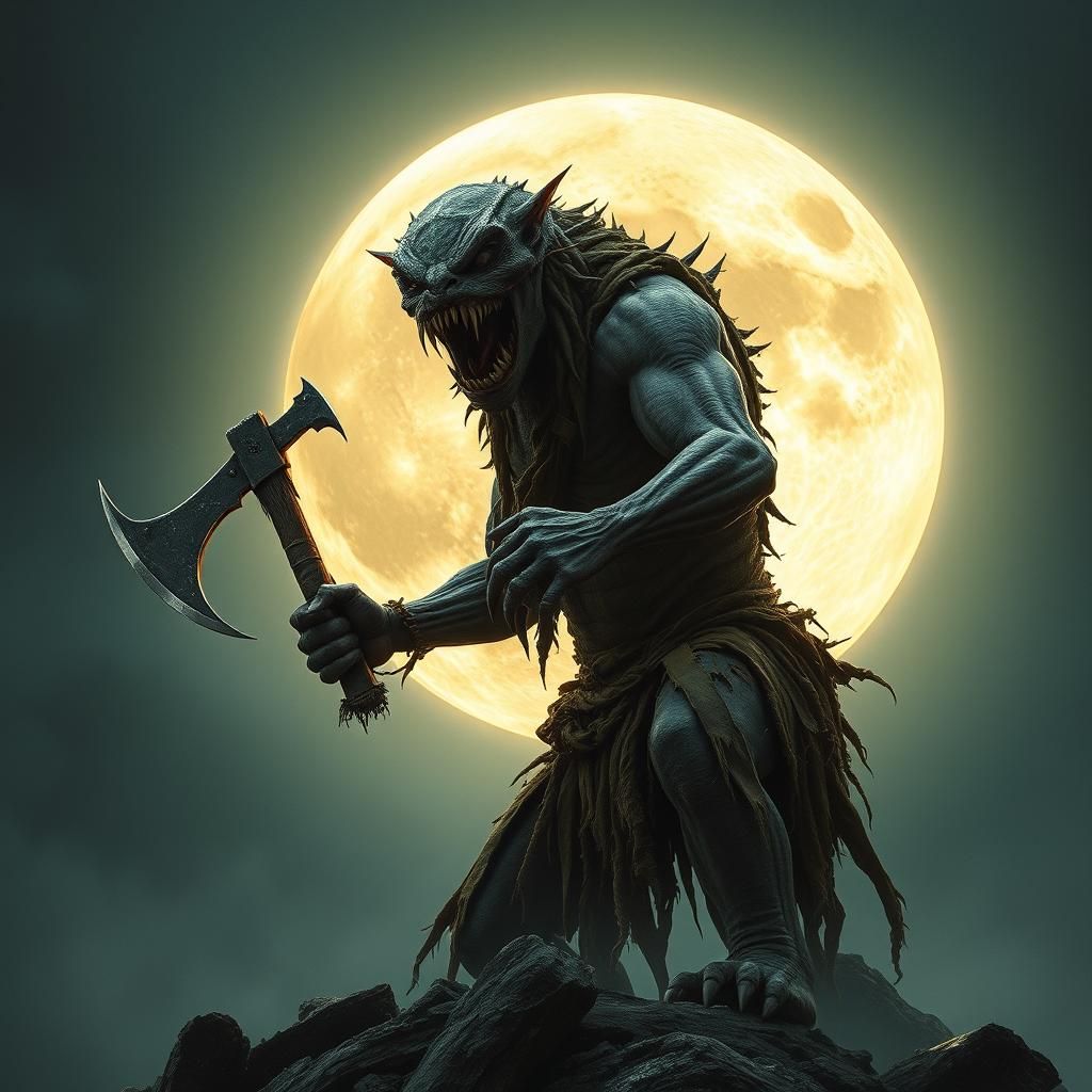 Grotesque Monster Shatters Moon in Classic Horror Style