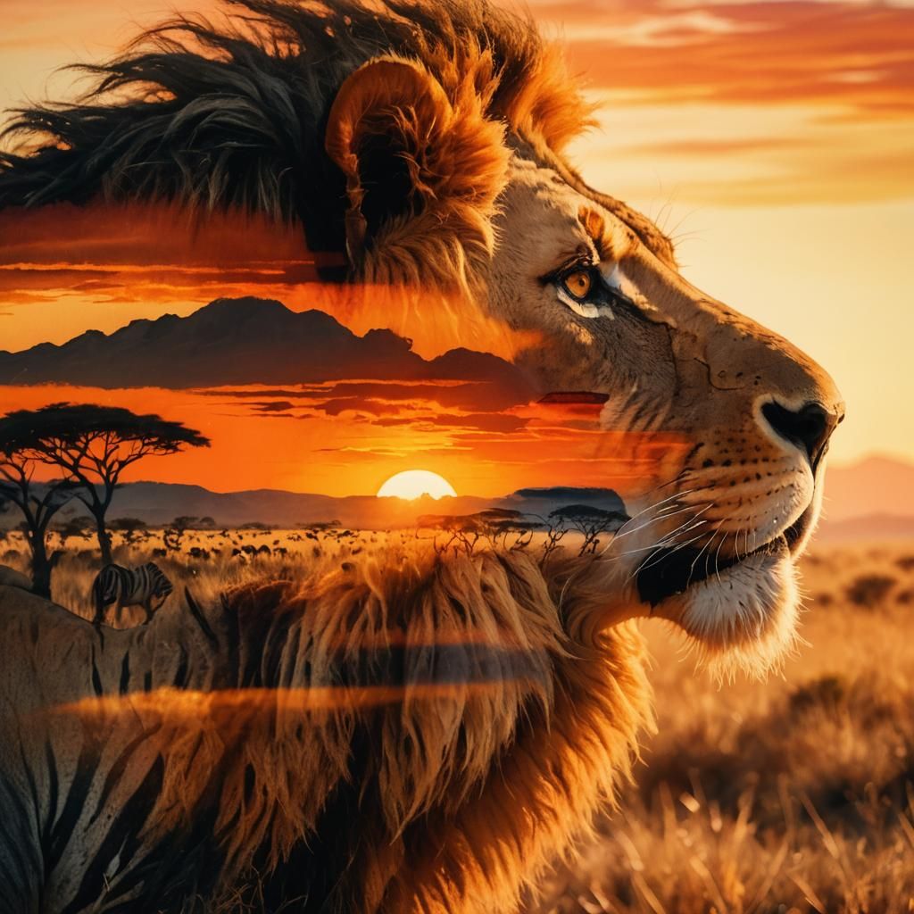 Surreal Lion and Zebra Double Exposure Painting
