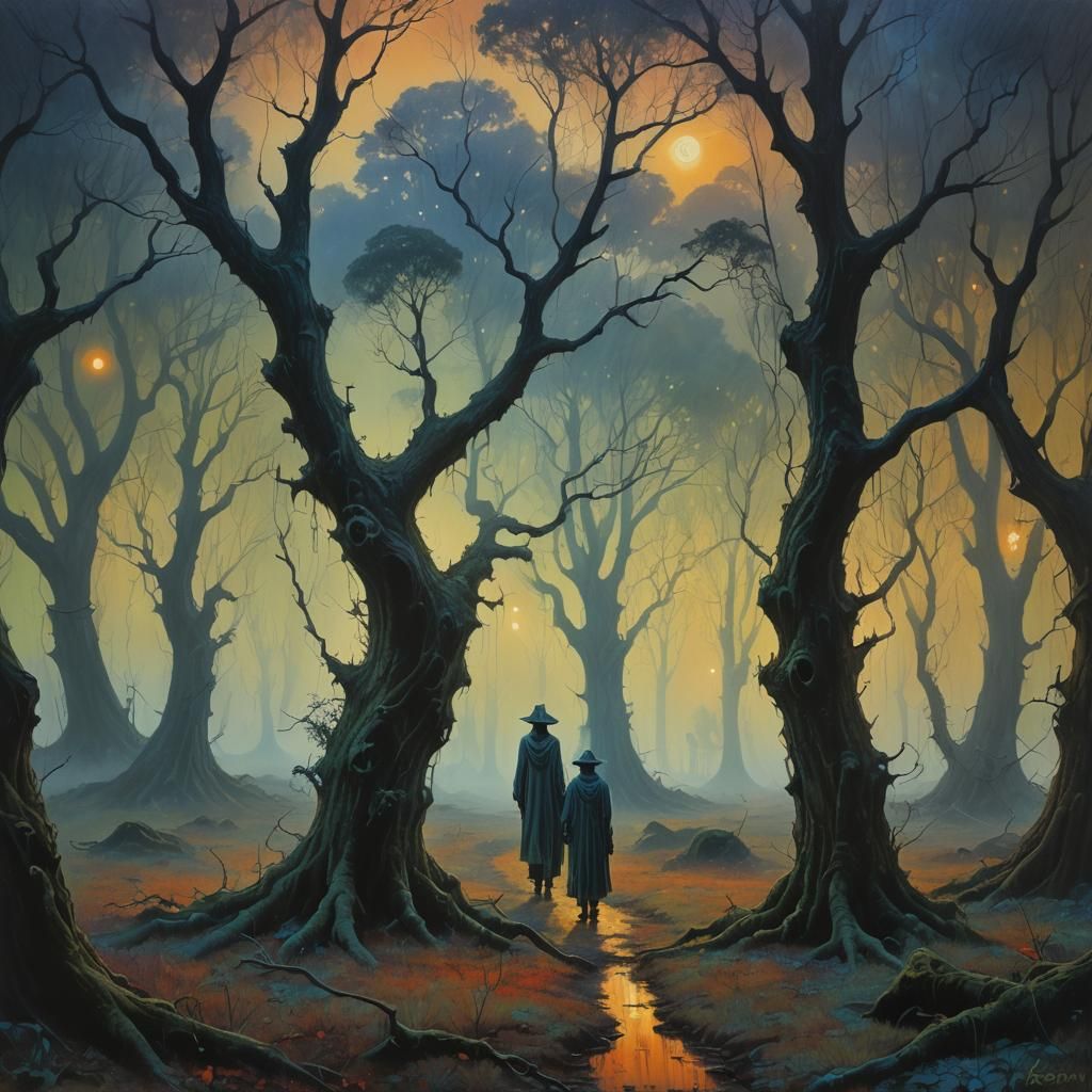 Dreamlike Harlequin Figures in Misty Oil Painting