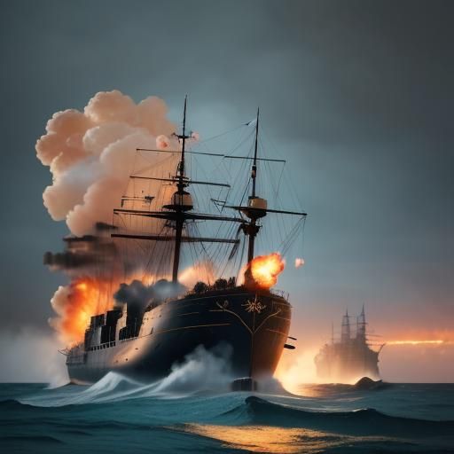 Stormy Naval Battle with Cannon Fire at Sunset