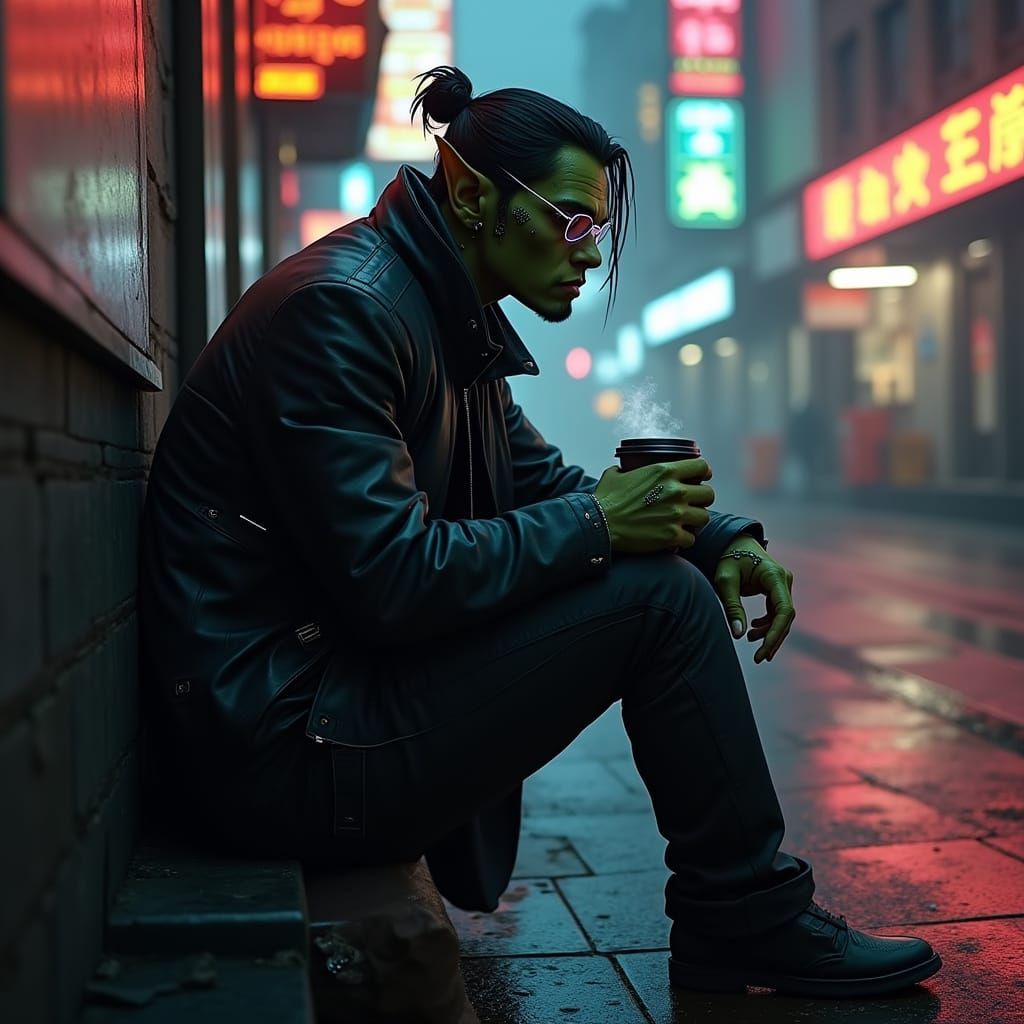 Cyberpunk Scholar Orc in Neon City Alley