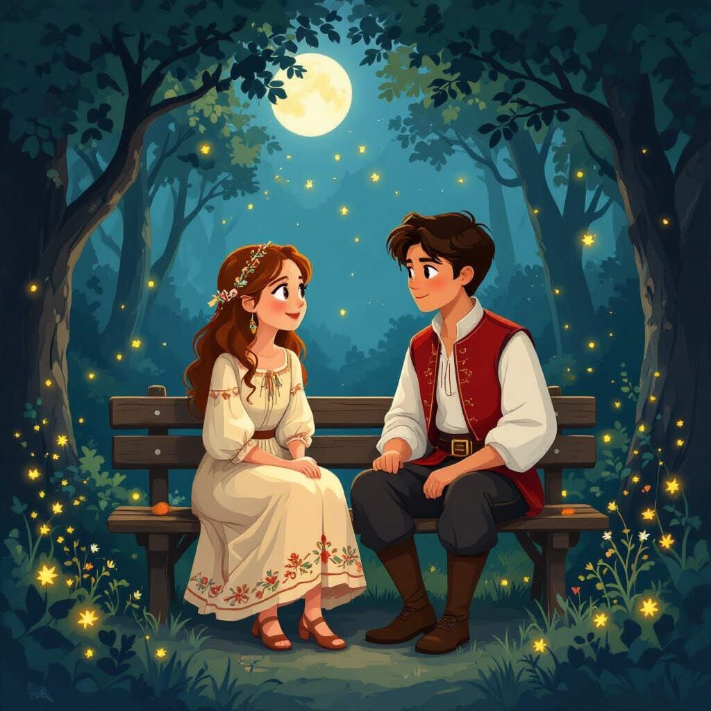 Couple in Magical Forest: Folk Tale Illustration