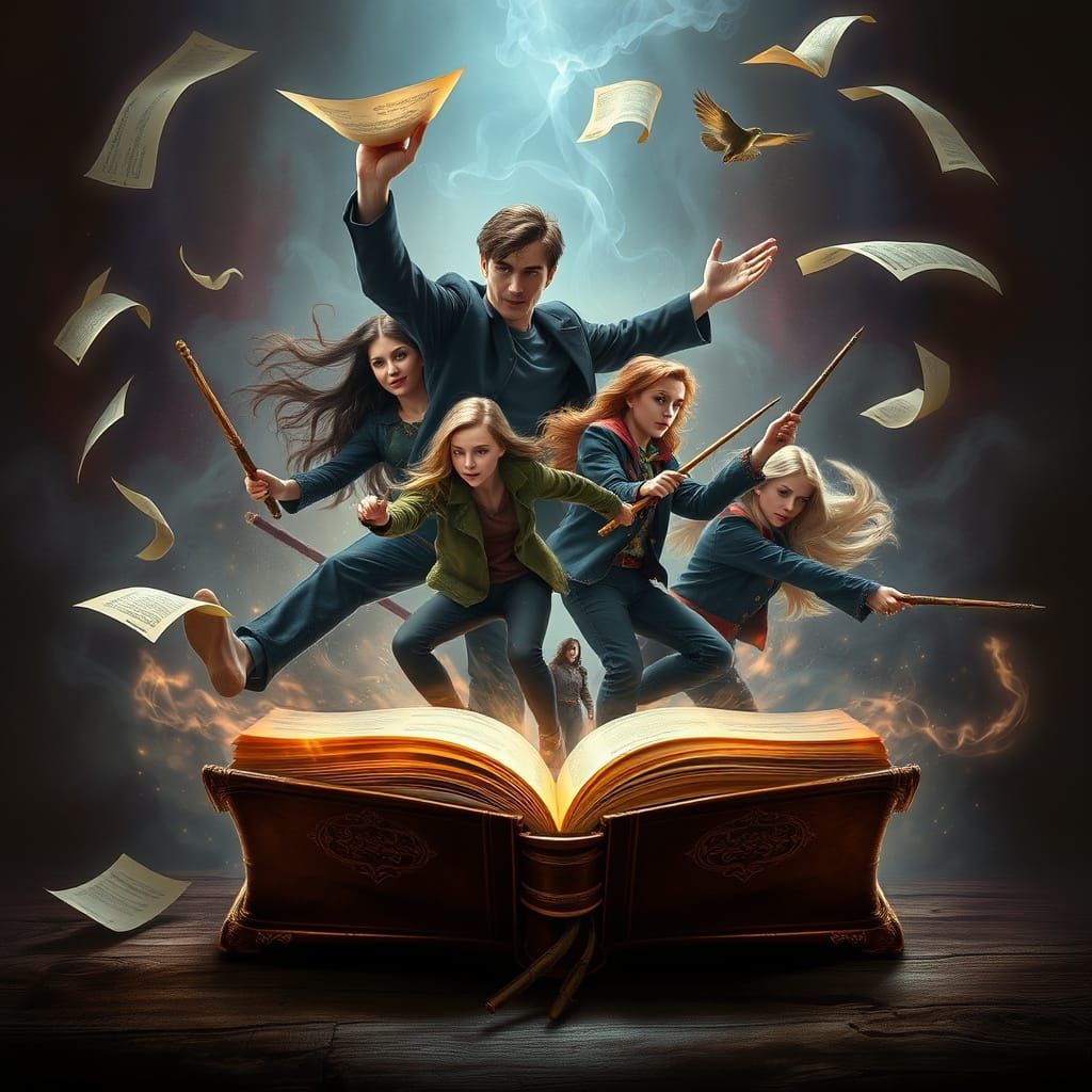 Fantasy Characters Leap From Book in Colorful Scene