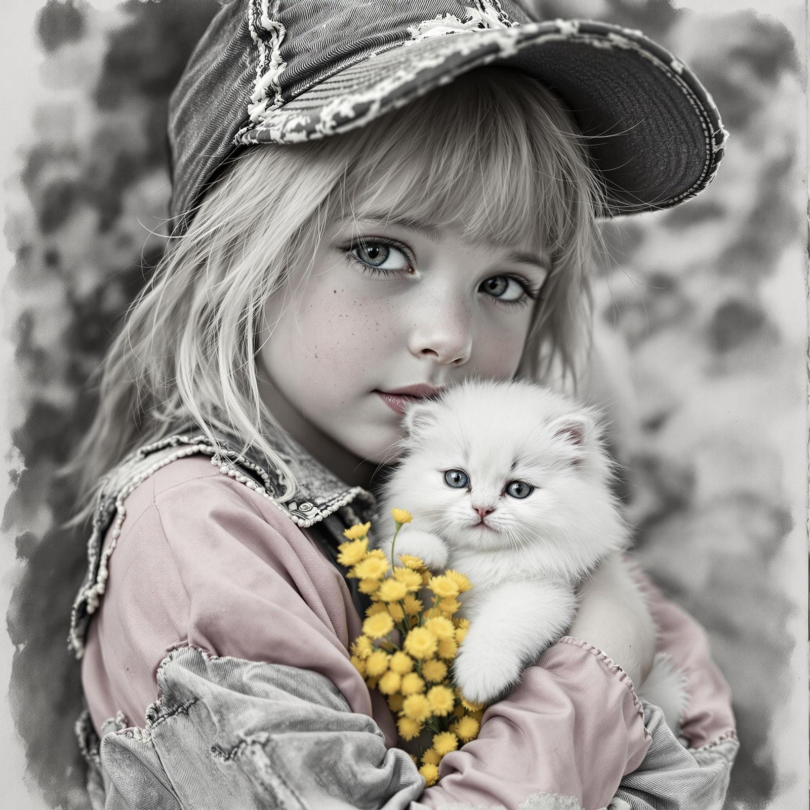 Whimsical Close-Up Portrait of a Little Girl and Her Kitten