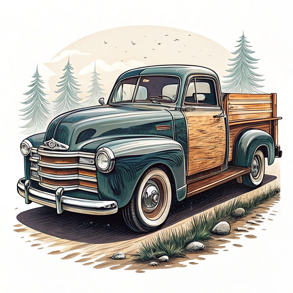 Mid Century Woodcut of Retro Pickup Truck