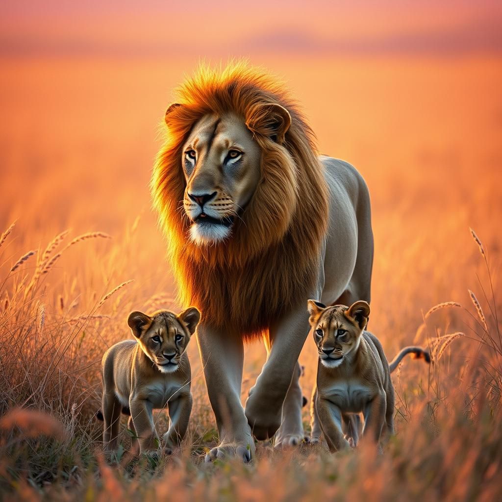 Lion Family Strolls Through Sun-Kissed Savannah