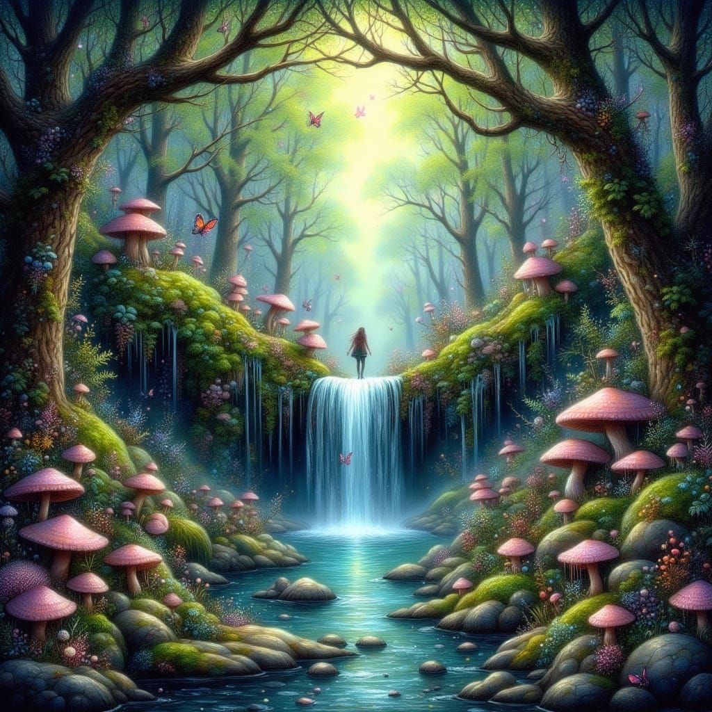 Enchanted Forest Clearing with Waterfall in Storybook Style