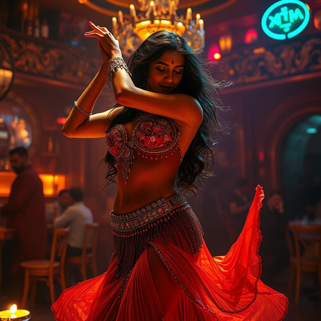 Belly Dancer in Neon-Lit Futuristic Bar