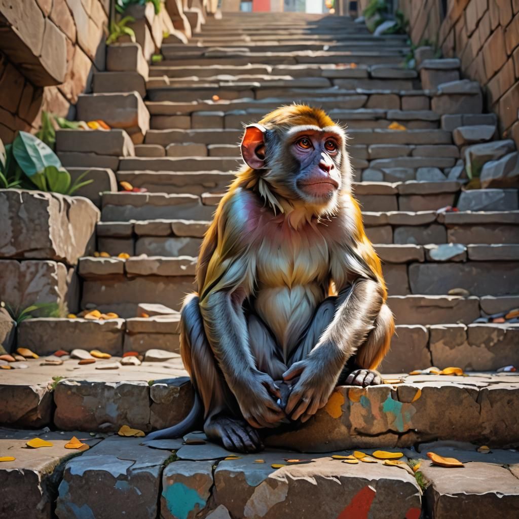 Curious Monkey on Stone Stairs in Splash Art Style