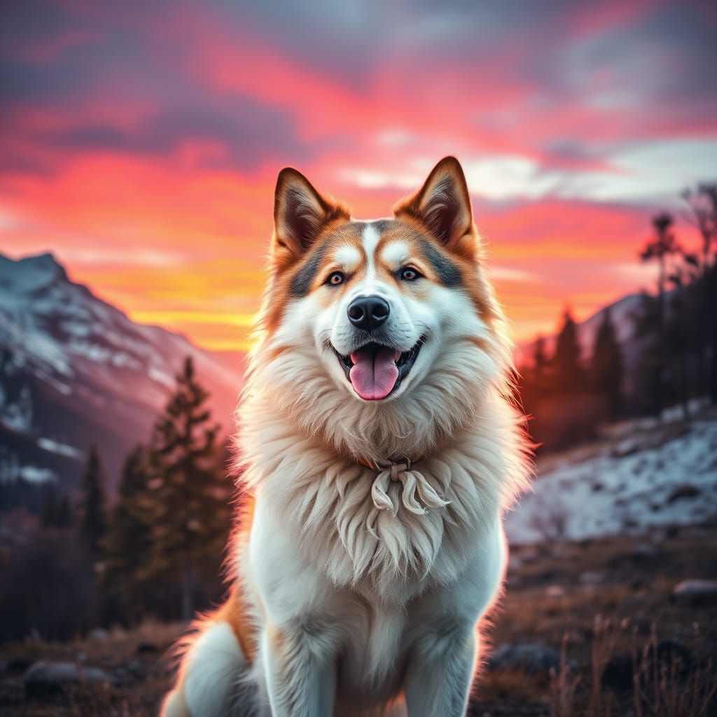 Siberian Dog Double Exposure Sunset Landscape