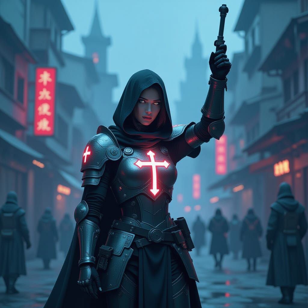 Cyberpunk Joan of Arc in War-Torn Cityscape