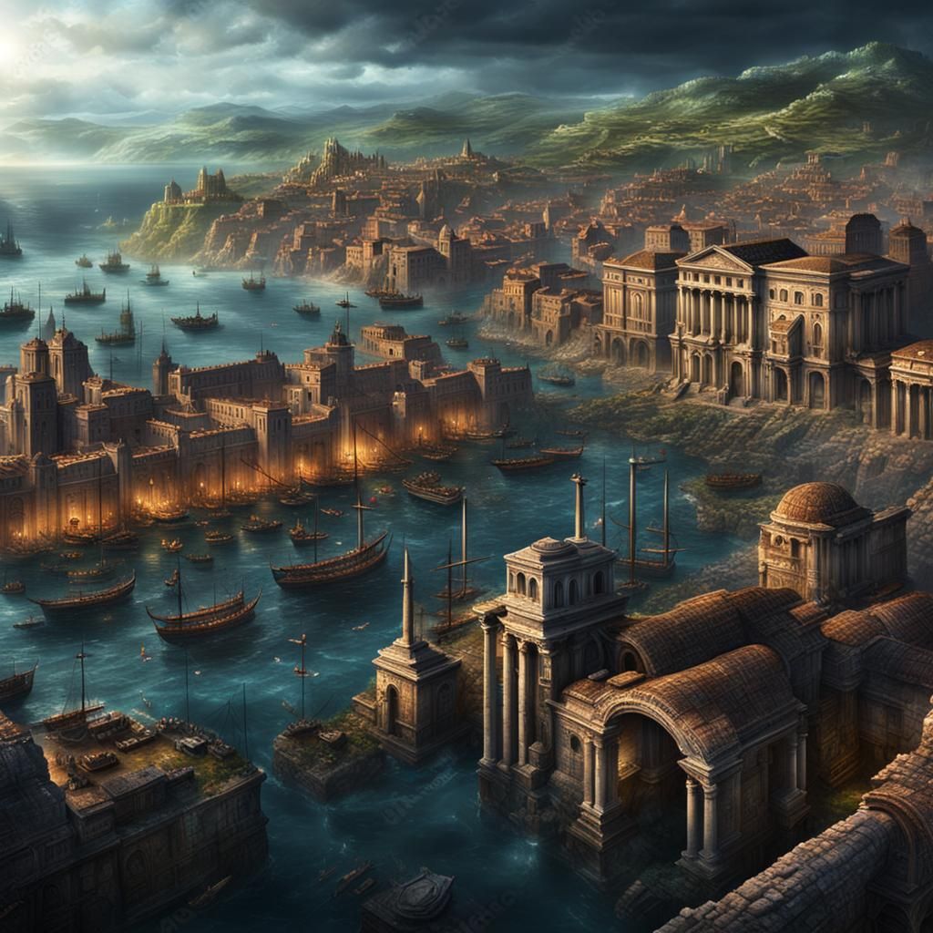 Dark Fantasy Roman Port City on Unknown Oceans