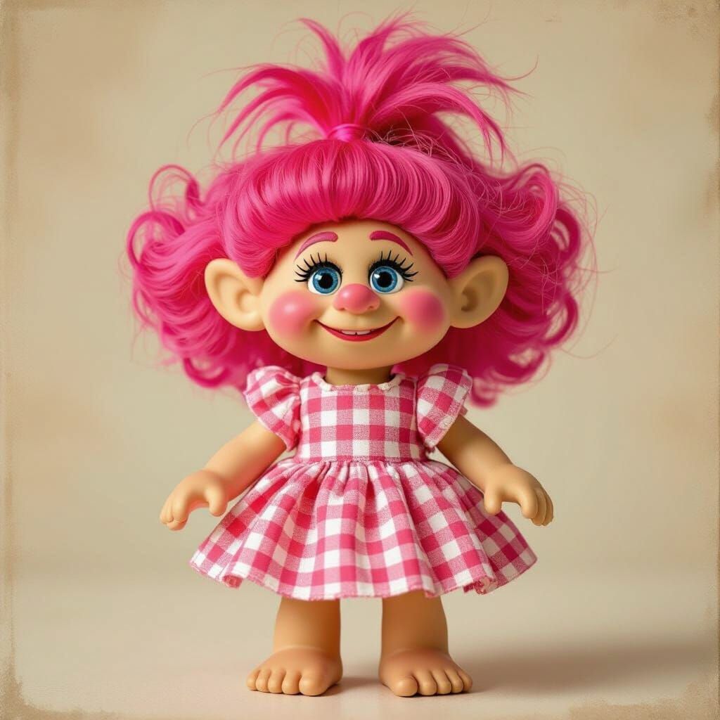 A Troll doll with pink gingham-colored hair, wearing a pink ...