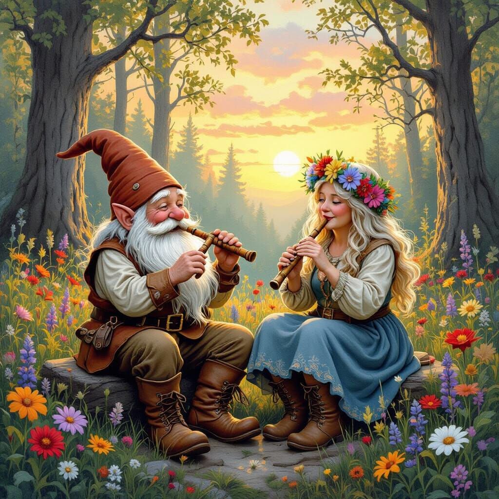Whimsical Gnome Couple in Forest, Brian Froud Style