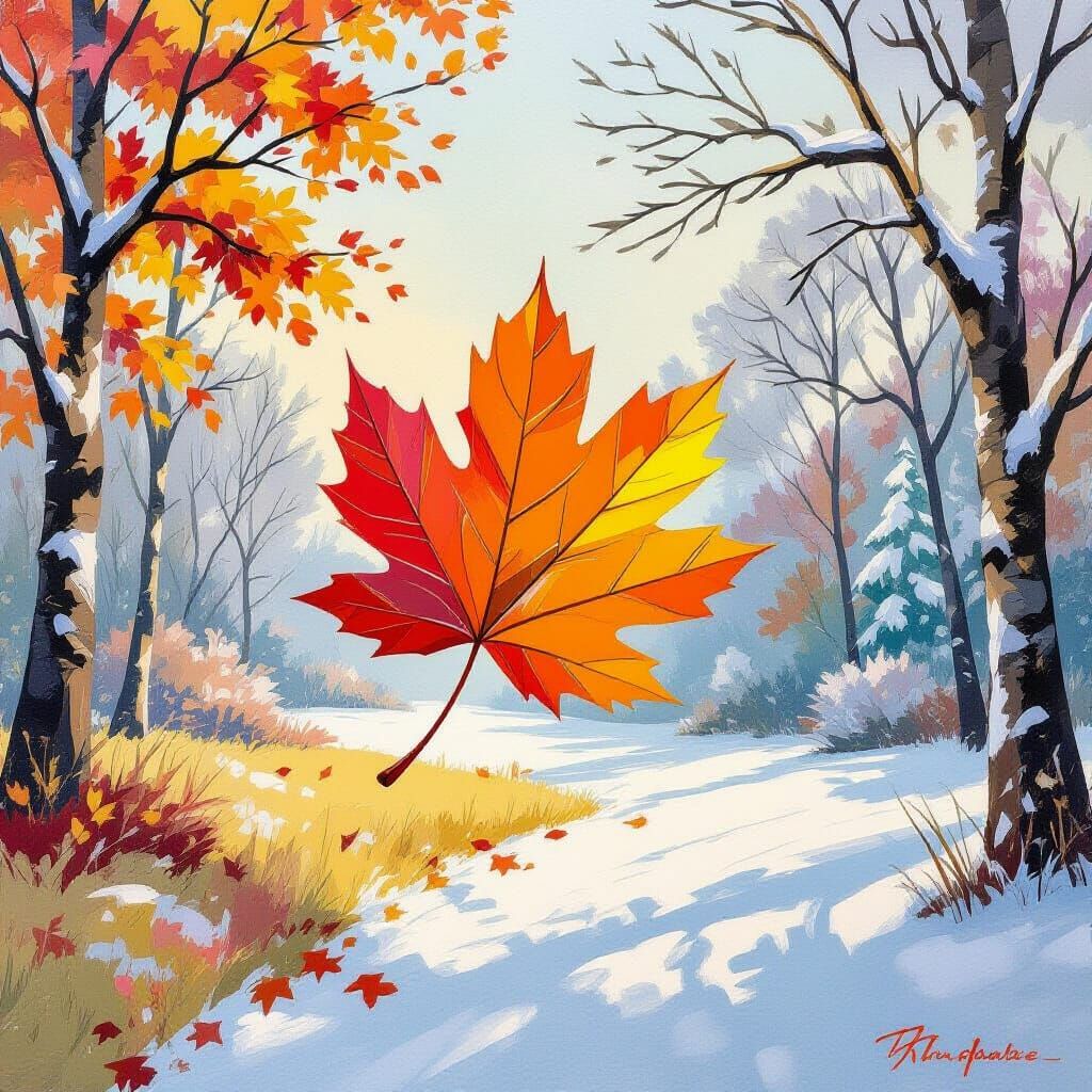 Leaf Travels Through Four Seasons in Gouache Style