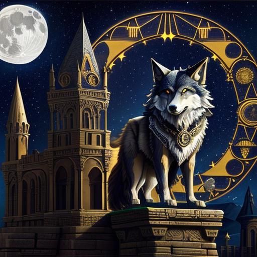 Steampunk Wolf Howling Under Starry Moonlit Sky
